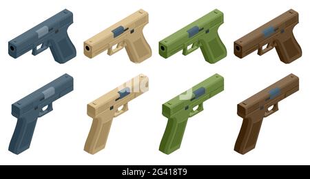 Isometric pistol isolated on white background. Weapon symbol. Gun with ammunition. Stock Vector