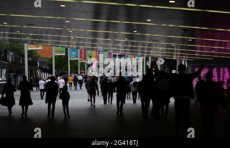 London, UK. 18th June 2021. Fans arriving before   the UEFA European Championships match at Wembley Stadium, London. Picture credit should read: David Klein / Sportimage Stock Photo