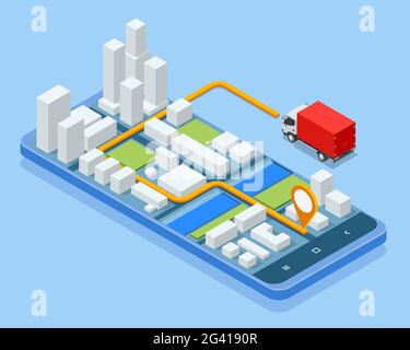 Isometric Logistics and Delivery concept. Delivery home and office. Logistic cargo mobile courier or freight delivery service transportation Stock Vector