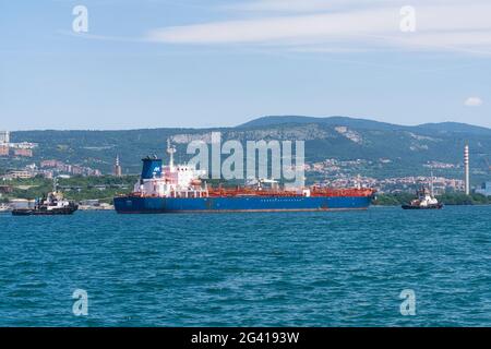 Trieste, Italy. June 13, 2021. A panoramic view of ships moored in the port Stock Photo