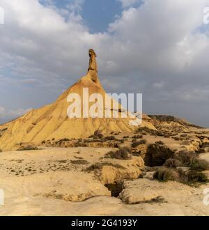 A view of the Castildetierra cliff and desert grasslands in the Bardenas Reales desert in northern Spain Stock Photo