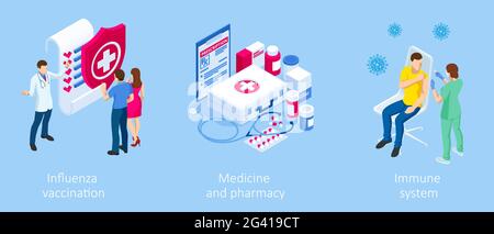 Isometric Vaccination and Immunization, Time to vaccinate, Online medical advise, medical prescription concept. Medicine industry. Stock Vector