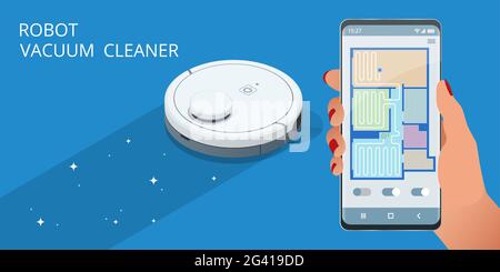 Controlling vacuum with remote control. Robot vacuum cleaner communicates with the smartphone via wireless. Stock Vector