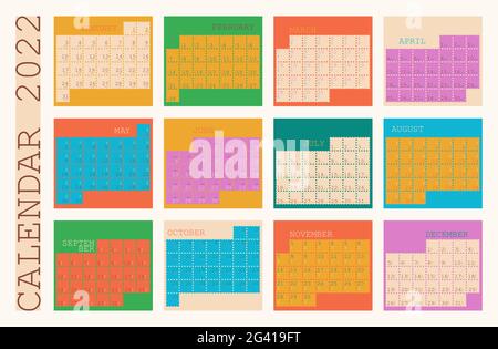 Calendar 2022, organizer planner template, week starts on monday, vertical layout, set of 12 months from january to december. Vector isolated Stock Vector