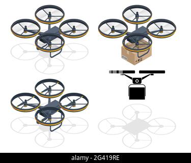 Isometric Drone Delivery. Quadcopter carrying a package to customer. Delivery of a cardboard box drone by air isolated on white background. Stock Vector