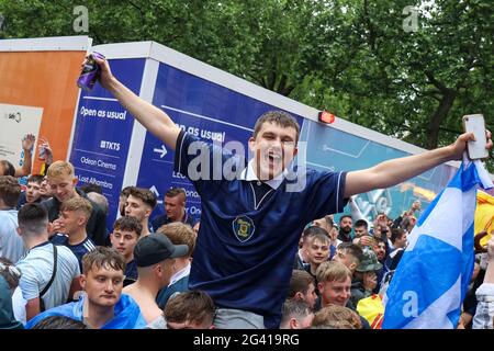 LONDON, ENGLAND, JUNE 18 2021, Scotland fans, known as 'The Tartan Army' party in Leicester Square before England versus Scotland match in the UEFA European Football Championship at Wembley Stadium on Friday 18th June 2021. (Credit: Lucy North | MI News) Stock Photo