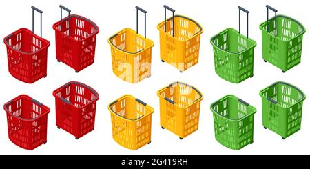 Isometric Set of plastic shopping baskets on white background. Red, yellow, blue, green plastic shopping baskets Stock Vector