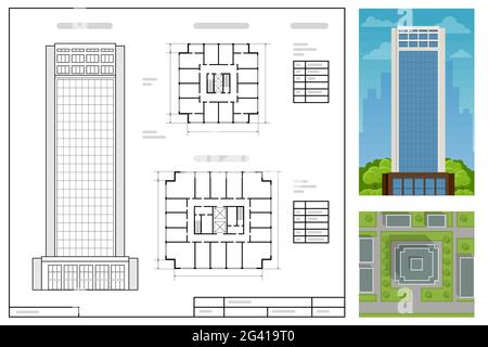 Architectural Project, modern project of building. Wireframe building illustration of architecture Stock Vector