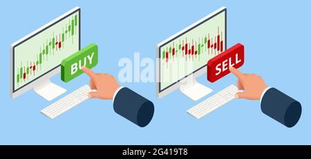 Isometric Investing and Stock Market Gain and Profits with Red and Green Candlestick Charts. Stock Exchange Market Graph, Analysis UI, UX on Laptop Stock Vector