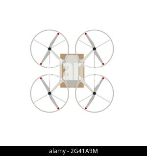 Drone delivery. Quadcopter carrying a package to customer. Delivery of a cardboard box drone by air isolated on white background. View from above Stock Vector
