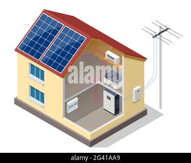 Solar panels on the roof of the modern house. Renewable energy sources. Backup power energy storage system. Ecology home Stock Vector