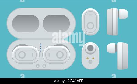 White Wireless Earphones and Case isolated on a white background. Bluetooth headphones in flat design. Bluetooth headphones for listen audio Stock Vector