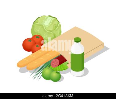 Isometric different food in paper bag on wooden background. Organic fruits, vegetables and greens isolated on white. Stock Vector