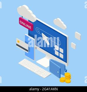 Isometric Online Shopping Store with Mobile , Credit Cards and Shop Elements. Shopping Online on Website. Sale Banner or Promotion Stock Vector