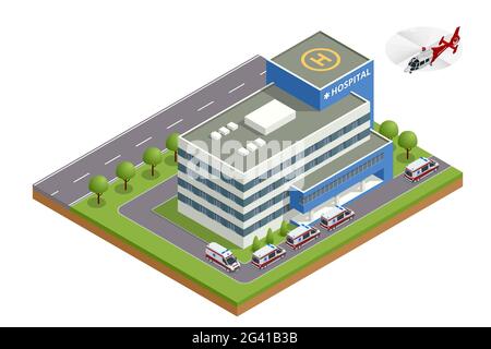 Isometric city hospital, helicopter and ambulance. There is a place for a helicopter on the roof. Health and medicine Stock Vector