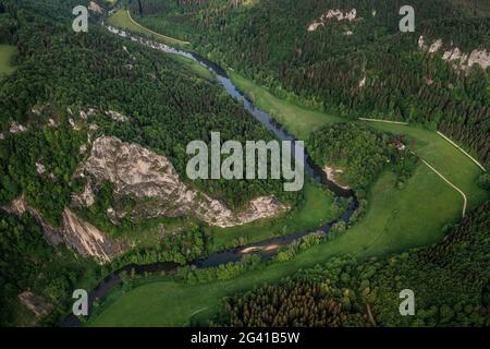 Curving and wild Danube in the breakthrough valley near Fridingen, aerial view of the Upper Danube Valley Nature Park, Danube, Germany Stock Photo