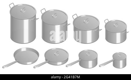 Isometric Set of stainless pots and pan with glass lids. Stainless steel pots and pans isolated on white background. Stock Vector
