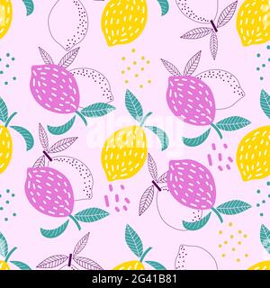 Stylized lemon fruit seamless pattern on pink background. Vector cartoon illustration. Stock Vector