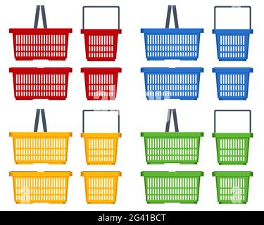 Set of plastic shopping baskets on white background. Red, yellow, blue, green plastic shopping baskets Side view Stock Vector