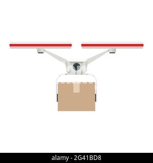 Drone delivery. Quadcopter carrying a package to customer. Delivery of a cardboard box drone by air isolated on white background. Front view Stock Vector