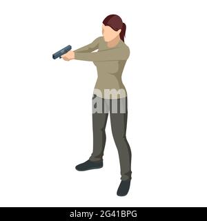 Isometric woman with a gun in his hand iolated on white. Male policeman, spy or criminal holding. Front view Stock Vector