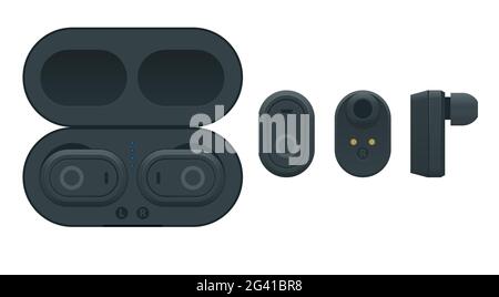 Black Wireless Earphones and Case isolated on a white background. Bluetooth headphones in flat design. Bluetooth headphones for listen audio Stock Vector