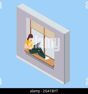 Work at home, Freelance isometric concept design. Chat messages notification on laptop, coworking space Stock Vector