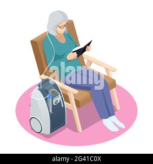 Isometric Home Medical Oxygen Concentrator. Concept of healthcare, life, pensioner. Senior woman with Chronic obstructive pulmonary disease with Stock Vector