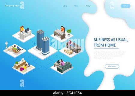 Isometric video conference. Working at home, coworking space. Online meeting work form home. Home office. Stock Vector