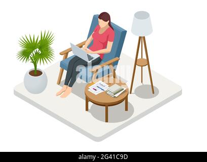 Isometric business woman working at home with laptop and papers on desk. Freelance or studying concept. Online meeting work form home. Home office. Stock Vector