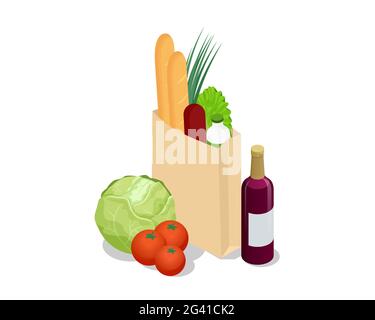 Isometric different food in paper bag on wooden background. Organic fruits, vegetables and greens isolated on white. Stock Vector
