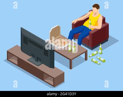 Isometric man sits on the couch, eats pizza, drinks a lot of beer and watches TV. Rest at home. Stock Vector