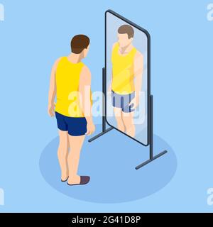 Problem of excess weight and health. Isometric Fat man looks in the mirror and sees herself as slim. Health risk, obesity. Stock Vector