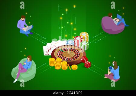 Isometric Online Casino Concept. Online Big Slots Casino Marketing Banner, Gaming Apps Stock Vector