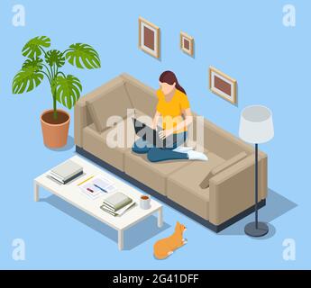 Isometric business woman working at home with laptop and papers on desk. Freelance or studying concept. Online meeting work form home. Home office. Stock Vector