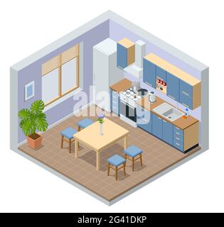 Isometric minimalist kitchen room interior with dinning furniture on a floor. Modern house interior with kitchen and dining room combination. Stock Vector