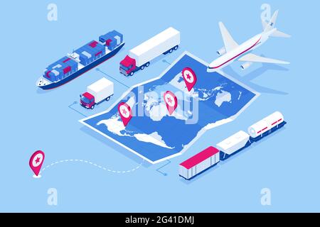 Isometric Global logistics network concept. Freight shipping. Satellite tracks the movement of freight transport. Maritime, air shipping transport Stock Vector