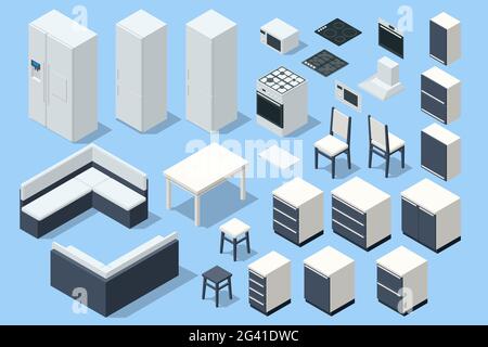 Isometric various elements for creating a kitchen design isolated on background. Modern house interior with kitchen and dining room combination. Stock Vector