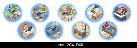 Isometric business man and woman working at home with laptop and papers on desk. Freelance or studying concept. Online meeting work form home. Home Stock Vector