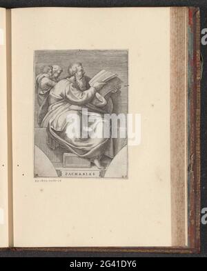 Prophet Zacharia; Zecharius; Paintings in the Sixtin Chapel. The prophet Zechariah sitting with a book in the hands. Two small figures behind the prophet. One of the prophets of Michelangelo's ceiling painting. Title in undermarge and numbered at the bottom right: 27. The print is part of an album. Stock Photo