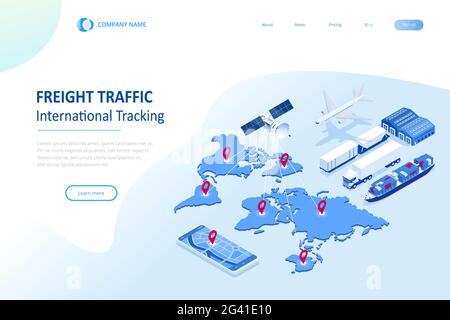 Isometric Global logistics network concept. Freight shipping. Satellite tracks the movement of freight transport. Maritime, air shipping transport Stock Vector