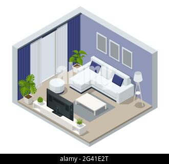 Isometric large luxury modern bright interiors room. Modern living room interior of real home isolated on white Stock Vector