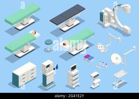 Isometric icons set of Equipment and Medical Devices in Modern Operating Room. Medical Devices for Neurosurgery. Stock Vector