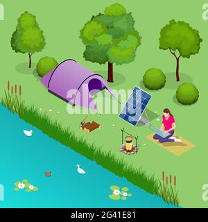 Isometric turistic camp or campground with tent and campfire. The girl works on a laptop, which is connected to a solar battery. Renewable energy Stock Vector