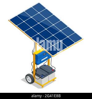 Isometric Solar Panel and Green Energy Battery. Renewable Energy Sources. Backup Power Energy Storage System isolated on white background. Stock Vector