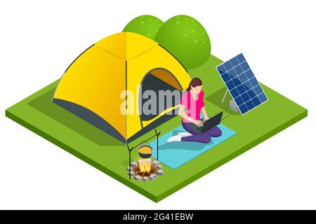 Isometric turistic camp or campground with tent and campfire. The girl works on a laptop, which is connected to a solar battery. Renewable energy Stock Vector