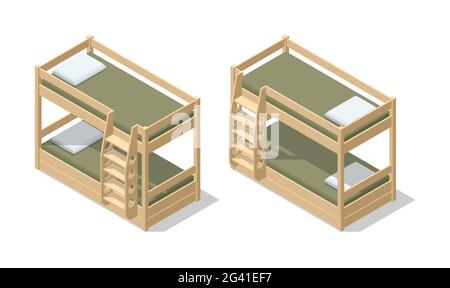 Isometric interior of children room or hostel room with bunk bed. The bunk bed with bedding isolated on the white background. Stock Vector