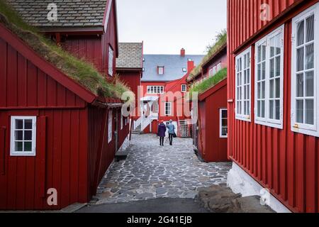 Red buildings in the government district of Tinganes in the capital Torshavn, Faroe Islands Stock Photo