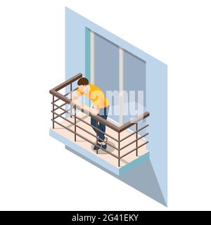 Isometric Man Resting on an Open Balcony in Summer. Open Outdoor Balcony With Metal Silver Railings isolated on background. Stock Vector