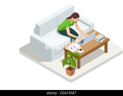 Isometric business woman working at home with laptop and papers on desk. Freelance or studying concept. Online meeting work form home. Home office. Stock Vector